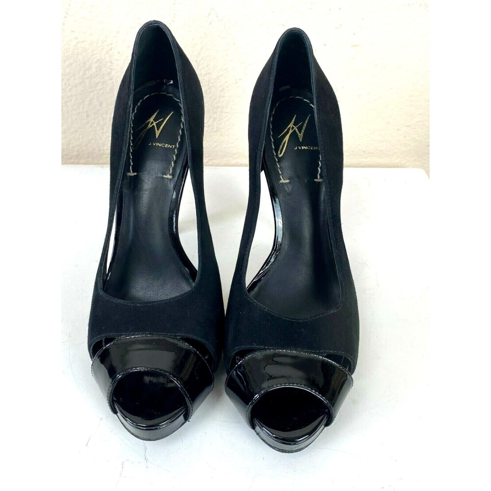 J. Vincent Platform Pump Black Suede 7M Stiletto Biltmore004 Peep Toe Leather